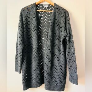 Vintage fish net style pointelle open knit cardigan wool sweater charcoal XL